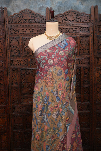 Linen Tussar Saree with Kalamkari Digital Print – Wine Floral Theme
