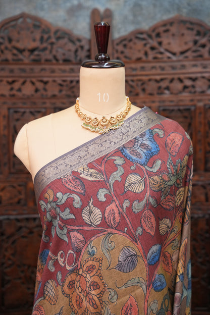 Linen Tussar Saree with Kalamkari Digital Print – Wine Floral Theme