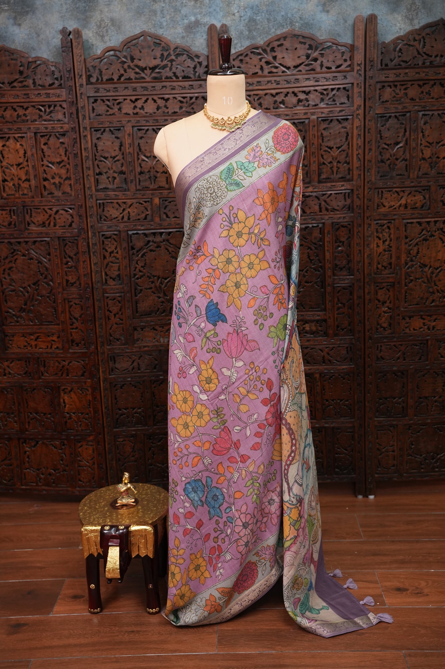 Linen Tussar Saree with Kalamkari Digital Print – Lilac Krishna Theme