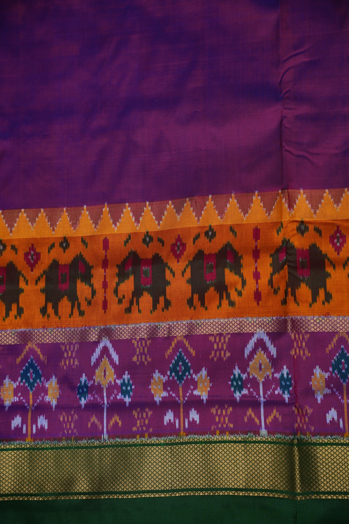 Pure Ikkat Soft Silk Saree - Bottle Green &amp; Deep Purple
