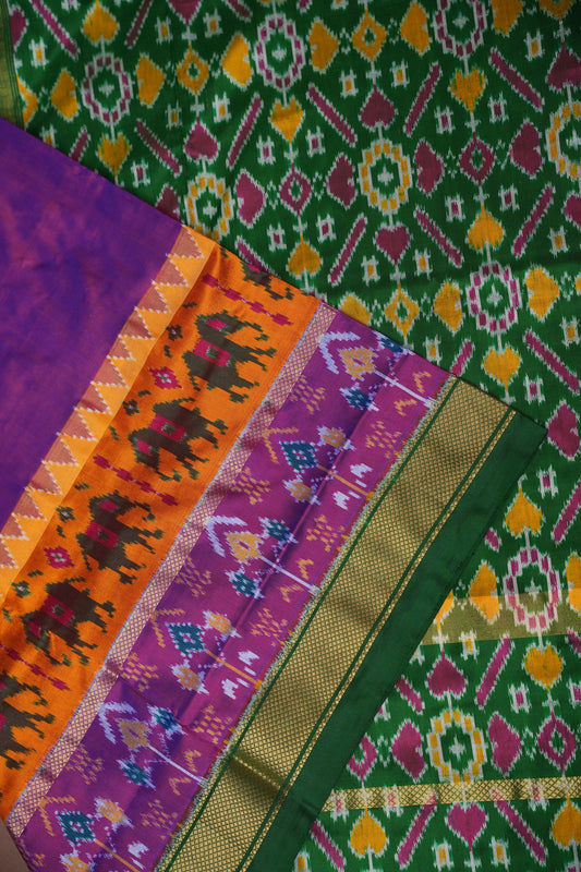 Pure Ikkat Soft Silk Saree - Bottle Green &amp; Deep Purple