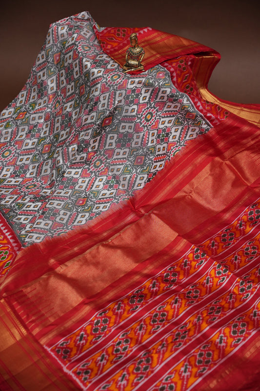 Pure Ikkat Soft Silk Saree - White & Red