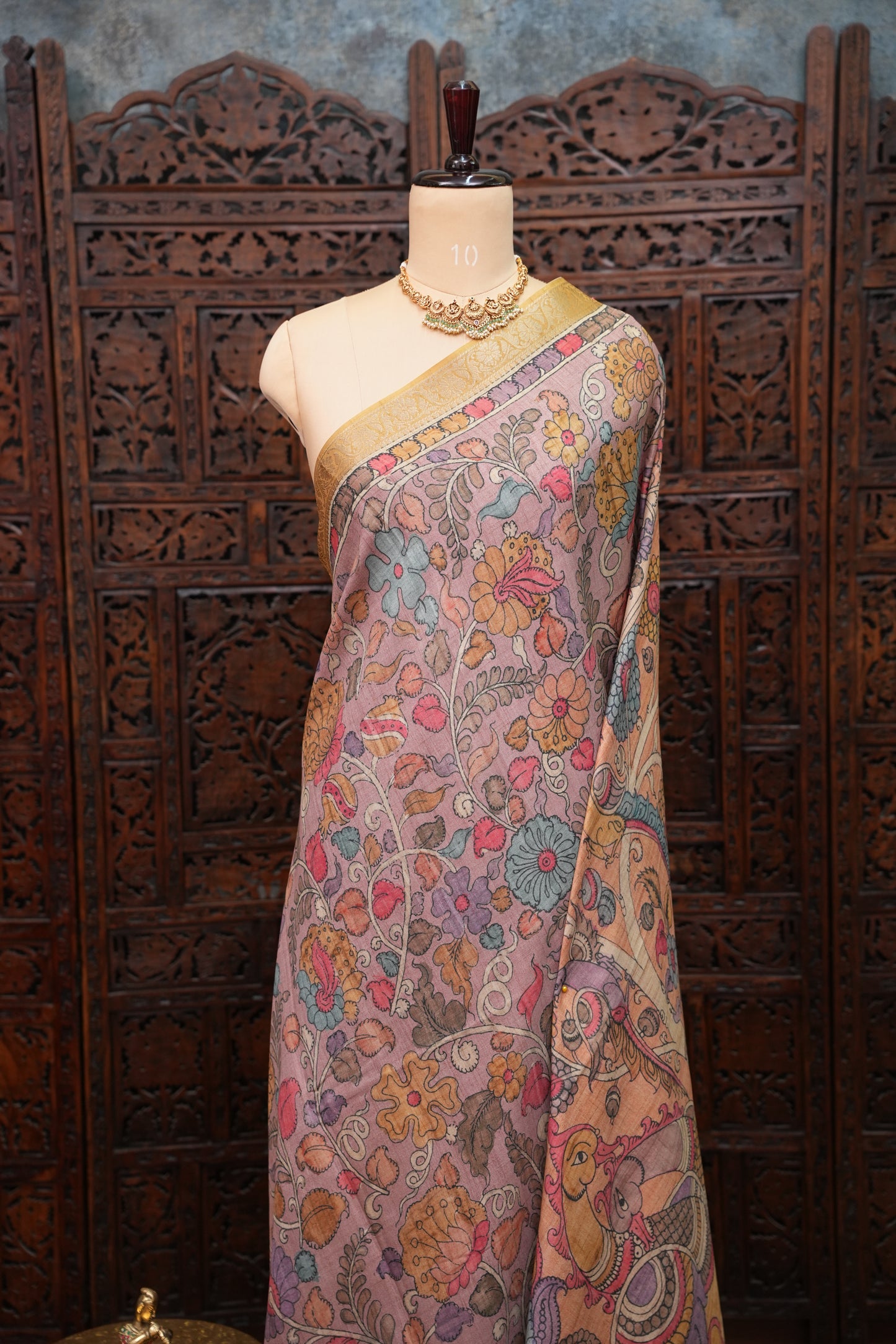 Linen Tussar Saree with Kalamkari Digital Print – Peach Floral & Peacock Theme