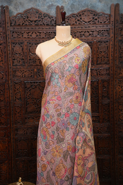 Linen Tussar Saree with Kalamkari Digital Print – Peach Floral & Peacock Theme