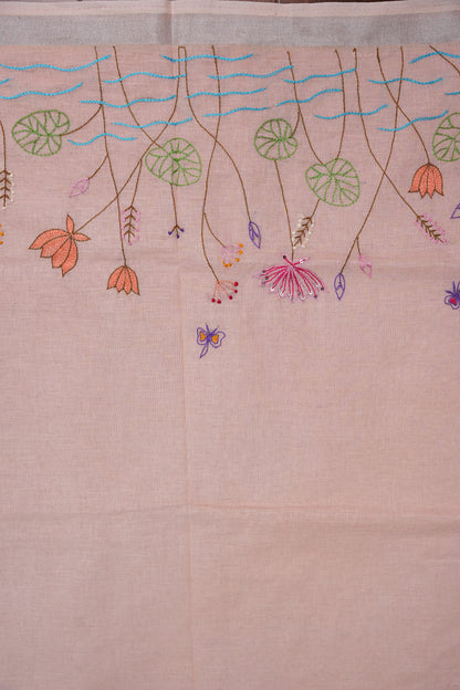 Hand Embroidery Pure Linen Saree With Tissue Border - Baby Pink