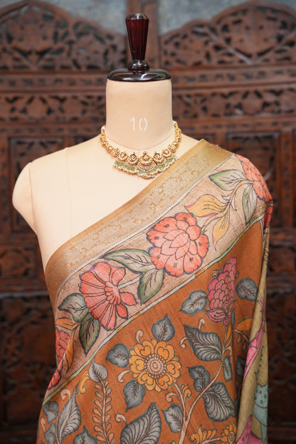 Linen Tussar Saree with Kalamkari Digital Print – Olive Green Wildlife Theme