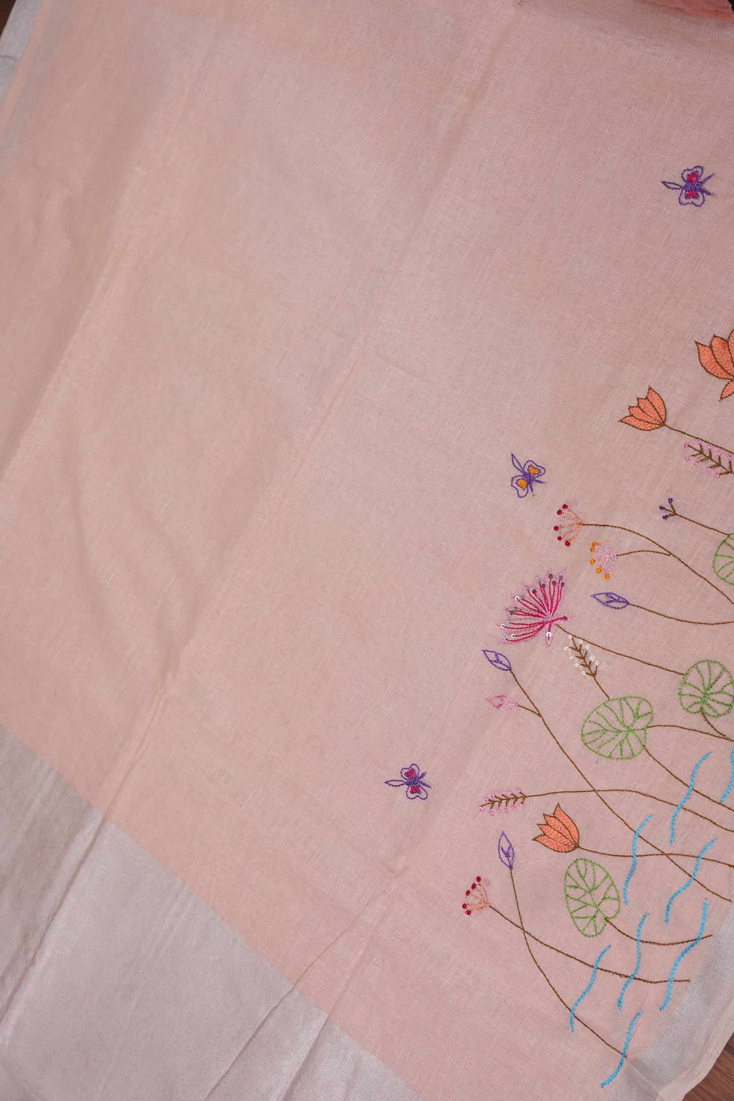 Hand Embroidery Pure Linen Saree With Tissue Border - Baby Pink
