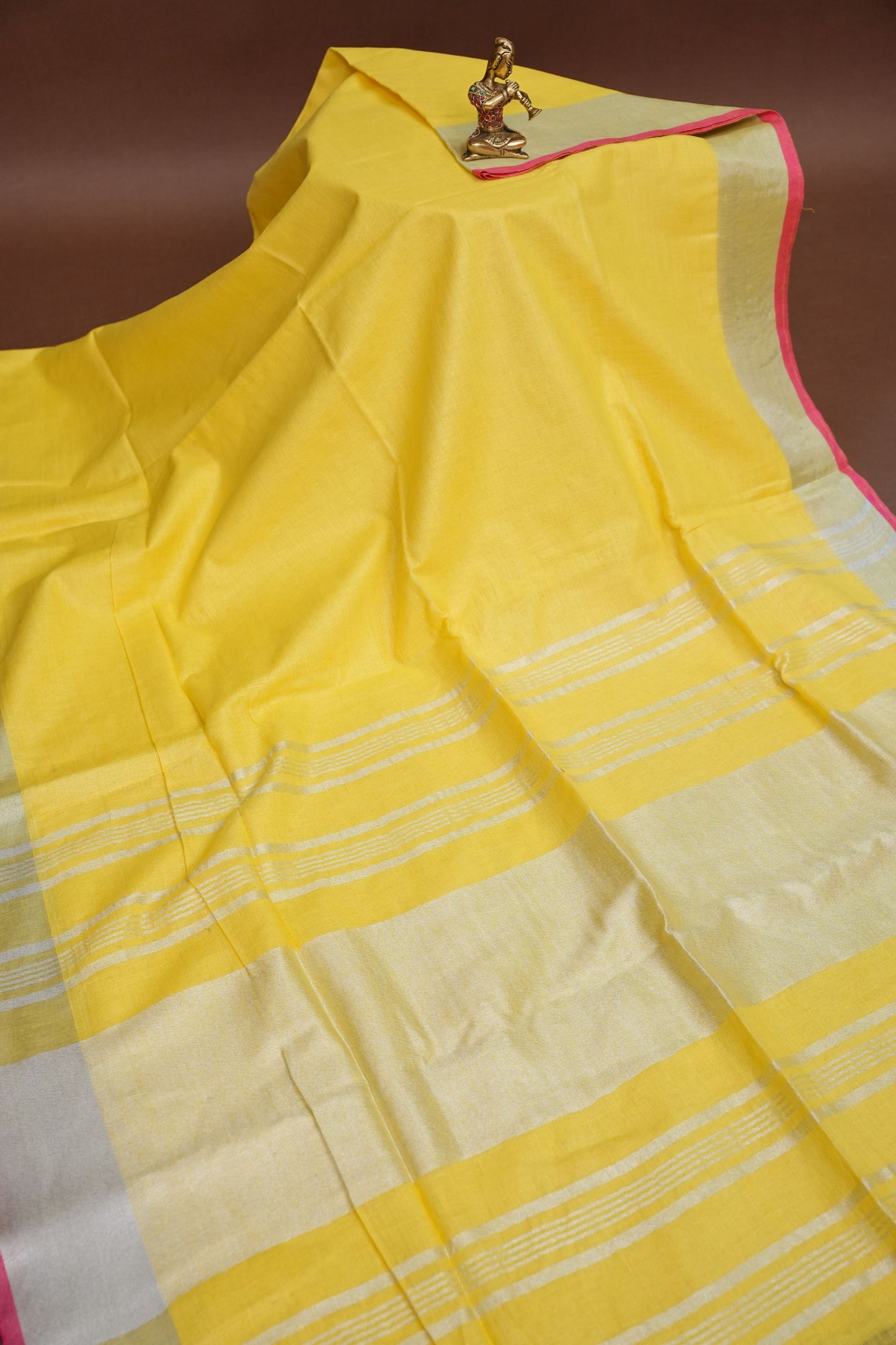 Pure Linen Saree – Sunshine Yellow with Silver Zari & Pink Accents