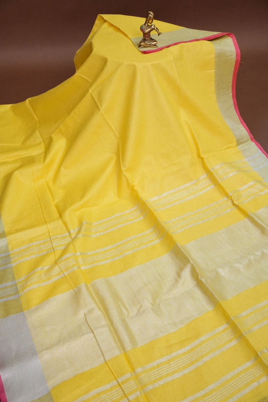 Pure Linen Saree – Sunshine Yellow with Silver Zari & Pink Accents