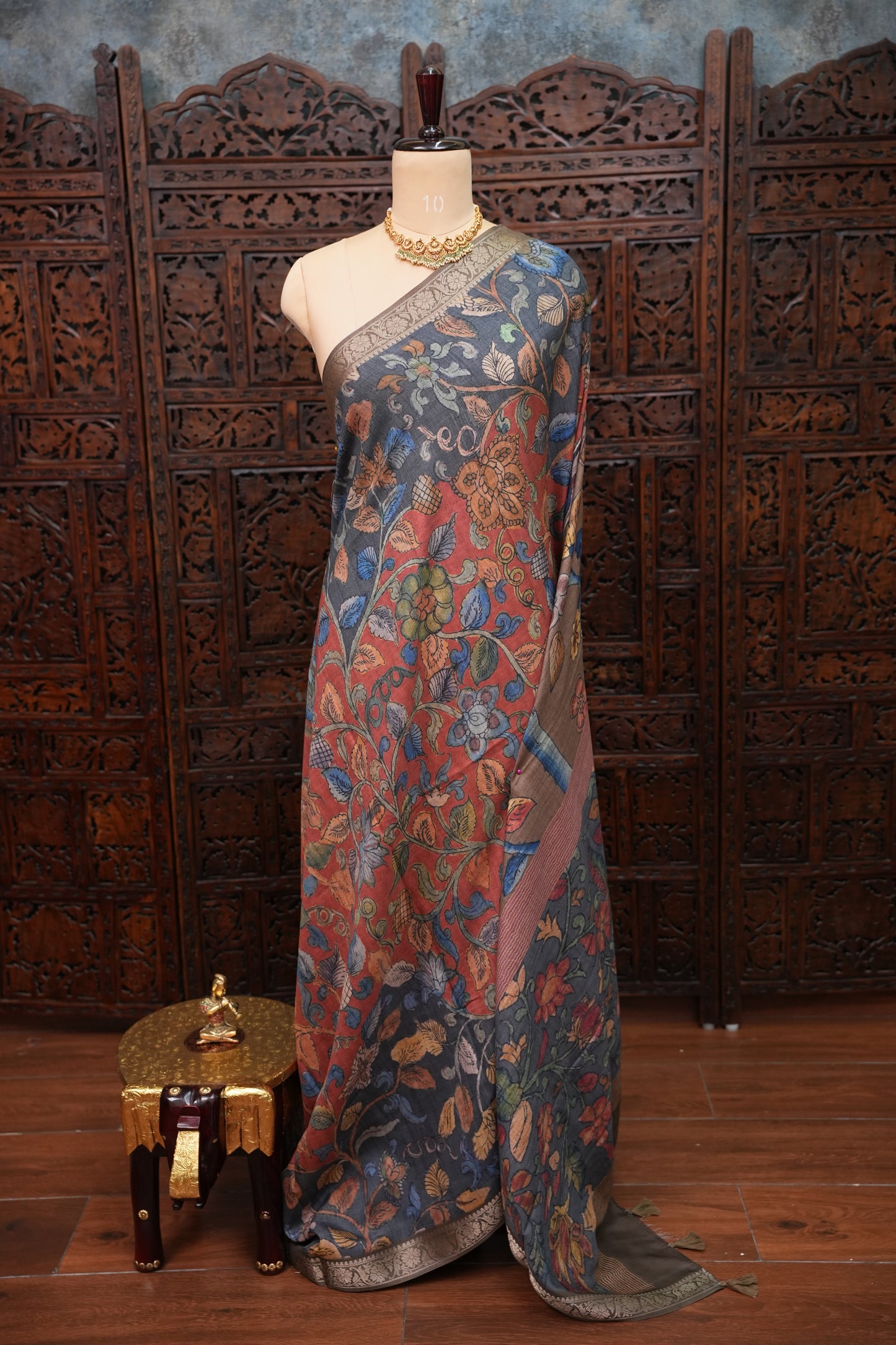 Linen Tussar Saree with Floral Kalamkari Digital Print – Slate Grey