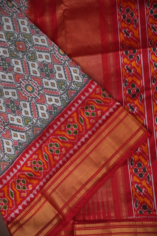 Pure Ikkat Soft Silk Saree - White & Red