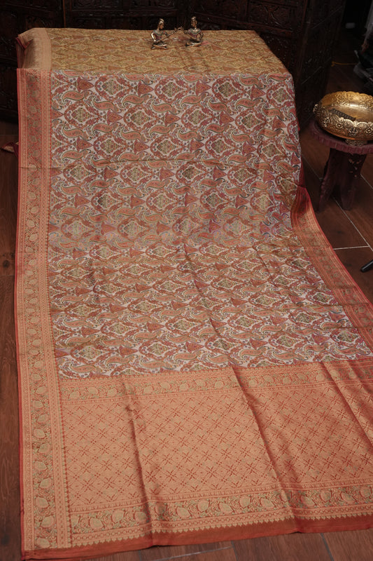 Kashmiri Pashmina Mellow Tissue Saree - Ivory & Peach