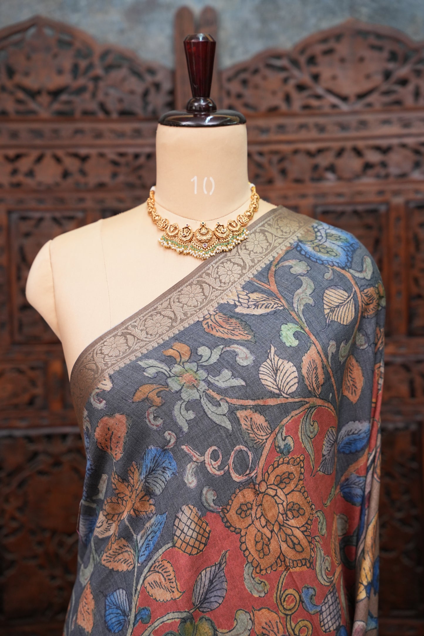 Linen Tussar Saree with Floral Kalamkari Digital Print – Slate Grey