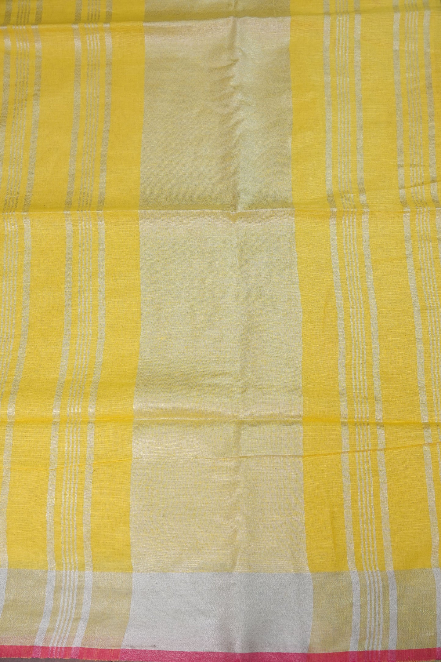 Pure Linen Saree – Sunshine Yellow with Silver Zari & Pink Accents