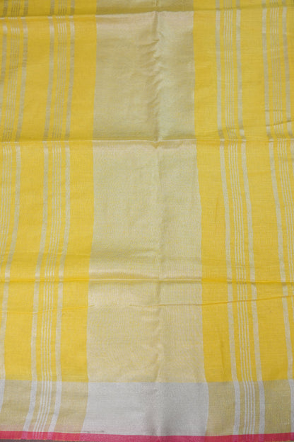 Pure Linen Saree – Sunshine Yellow with Silver Zari & Pink Accents