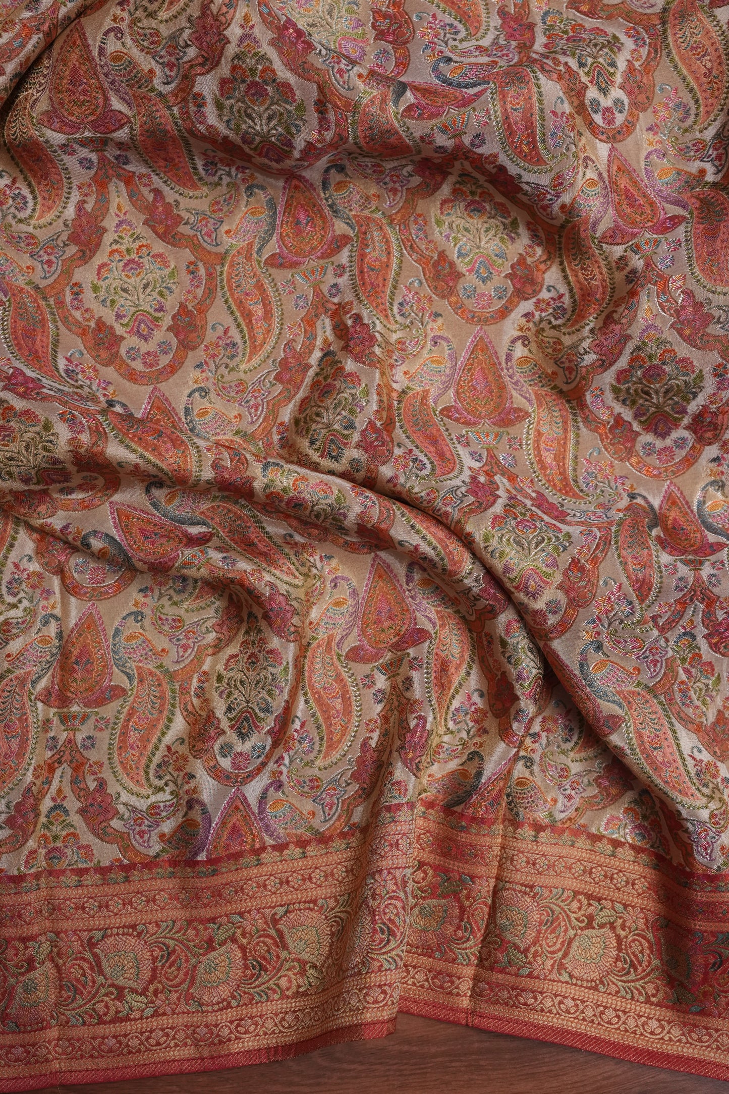 Kashmiri Pashmina Mellow Tissue Saree - Ivory & Peach