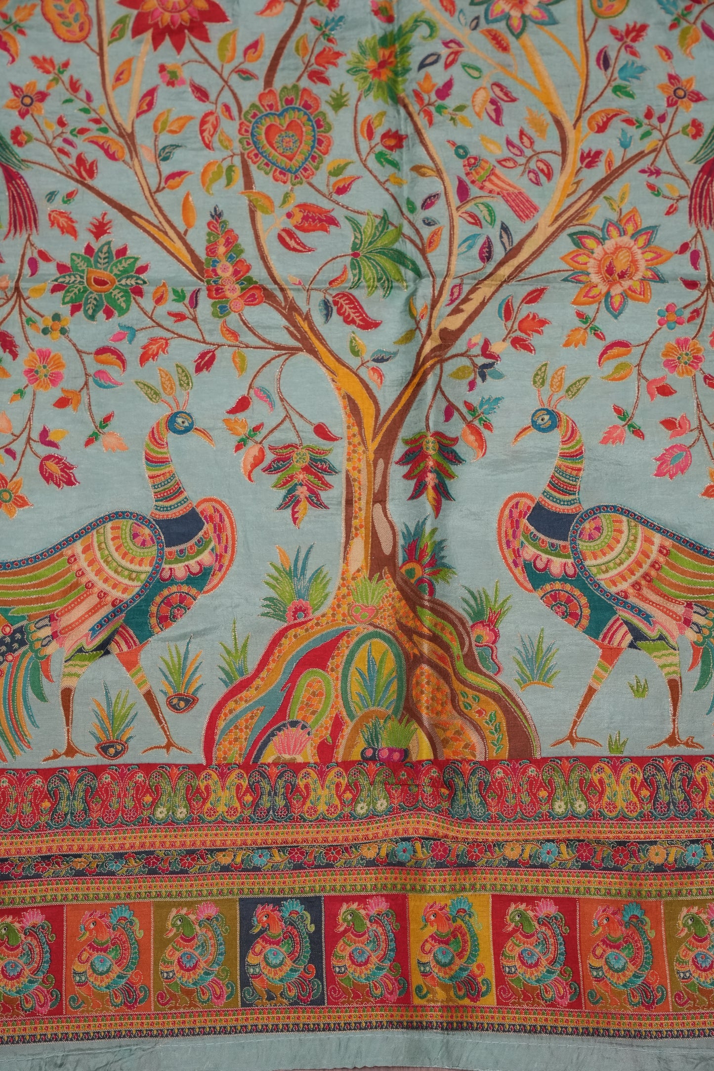 Kashmiri Pashmina Story Telling Saree - Baby Green