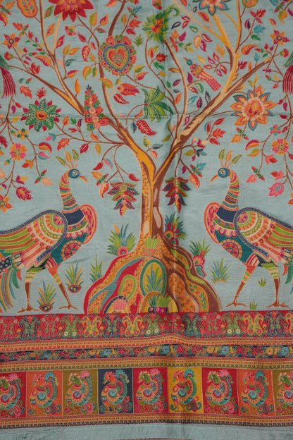 Kashmiri Pashmina Story Telling Saree - Baby Green