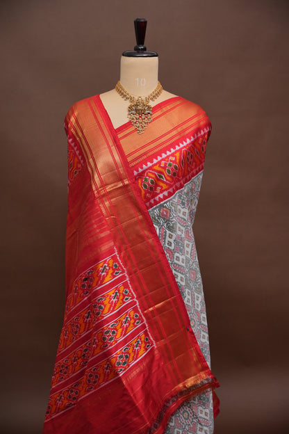 Pure Ikkat Soft Silk Saree - White & Red
