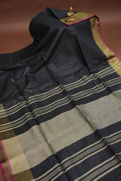 Pure Linen Saree-Classic Black with Antique Gold Border & Pink Accents