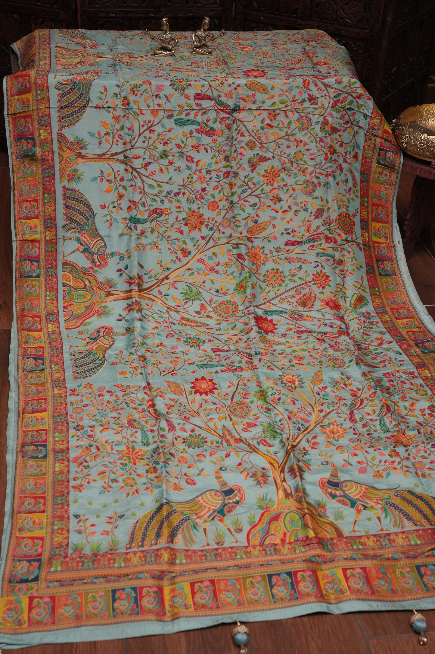 Kashmiri Pashmina Story Telling Saree - Baby Green