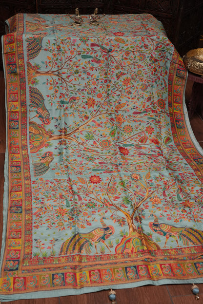 Kashmiri Pashmina Story Telling Saree - Baby Green