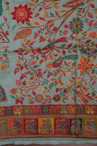 Kashmiri Pashmina Story Telling Saree - Baby Green