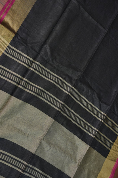 Pure Linen Saree-Classic Black with Antique Gold Border & Pink Accents