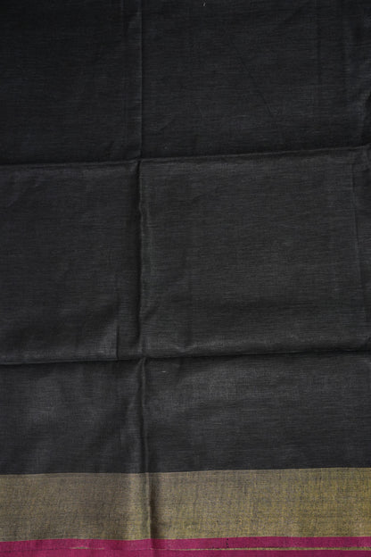 Pure Linen Saree-Classic Black with Antique Gold Border & Pink Accents