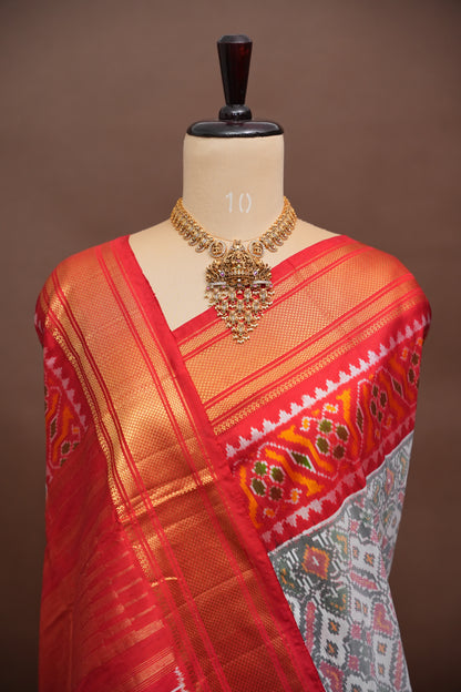 Pure Ikkat Soft Silk Saree - White & Red
