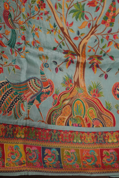 Kashmiri Pashmina Story Telling Saree - Baby Green