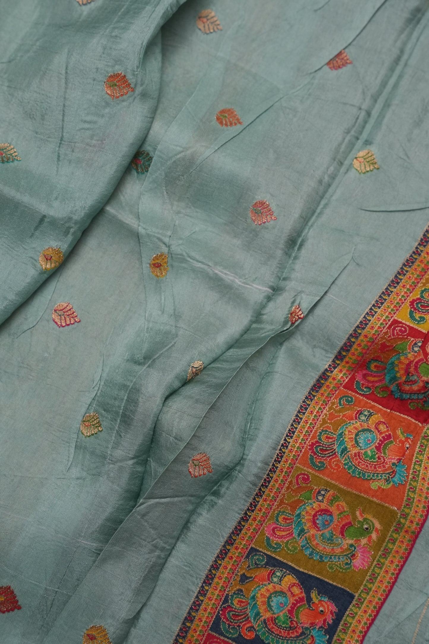 Kashmiri Pashmina Story Telling Saree - Baby Green