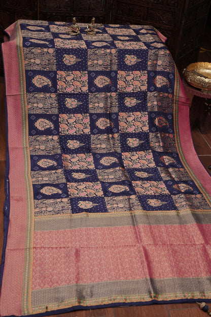Kashmiri Pashmina Story Telling Saree - Navy Blue & Pink