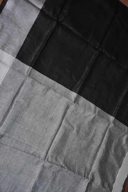 Pure Linen Silk Saree – Classic Black & Silver Dual Tone with Minimalist Border
