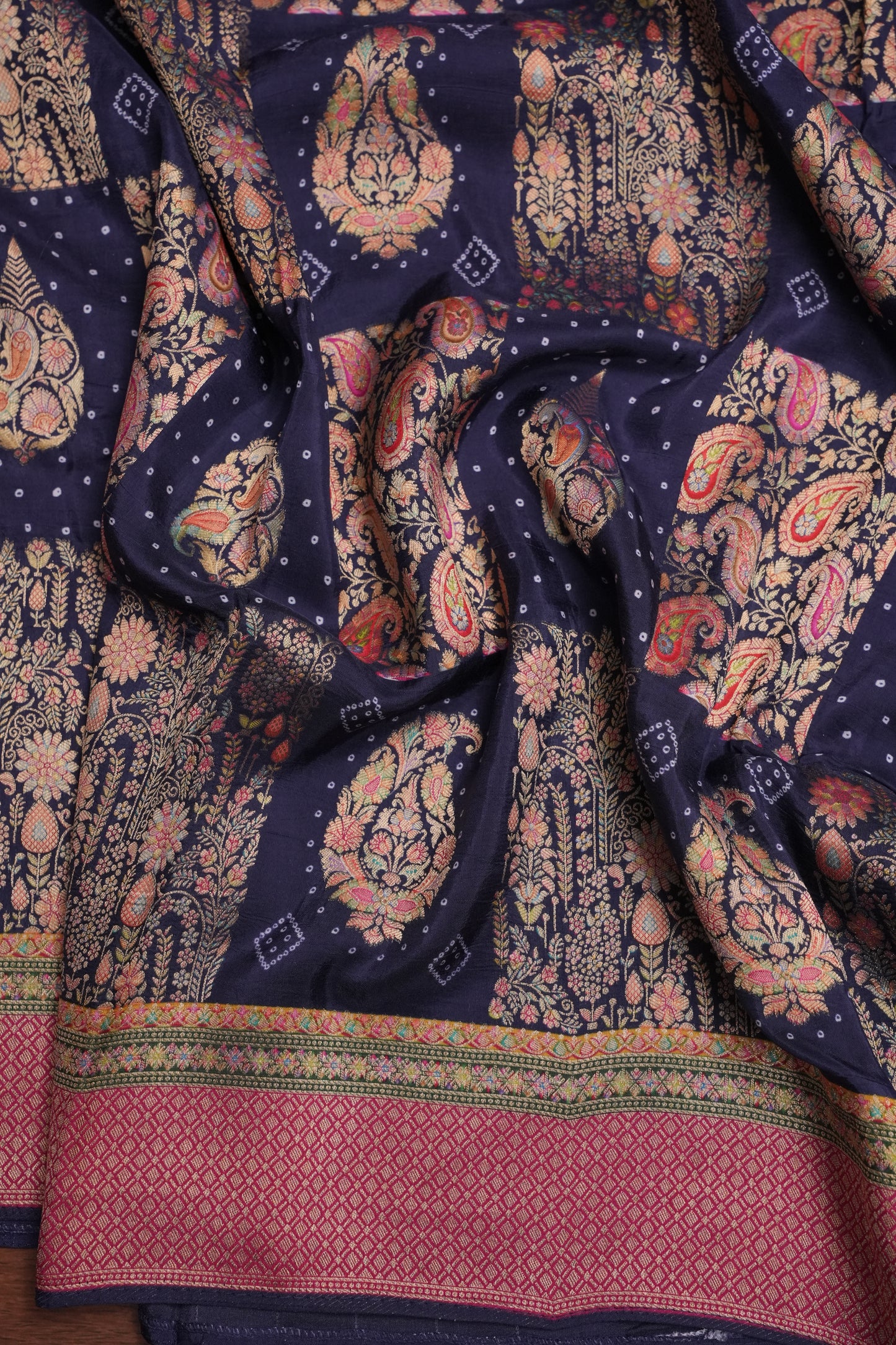 Kashmiri Pashmina Story Telling Saree - Navy Blue & Pink