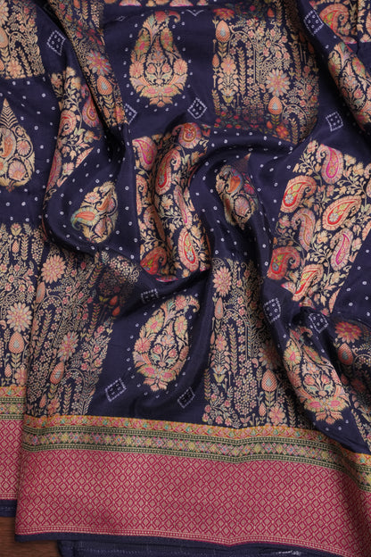 Kashmiri Pashmina Story Telling Saree - Navy Blue & Pink