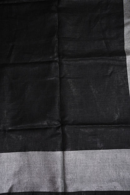 Pure Linen Silk Saree – Classic Black & Silver Dual Tone with Minimalist Border