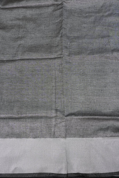 Pure Linen Silk Saree – Classic Black & Silver Dual Tone with Minimalist Border