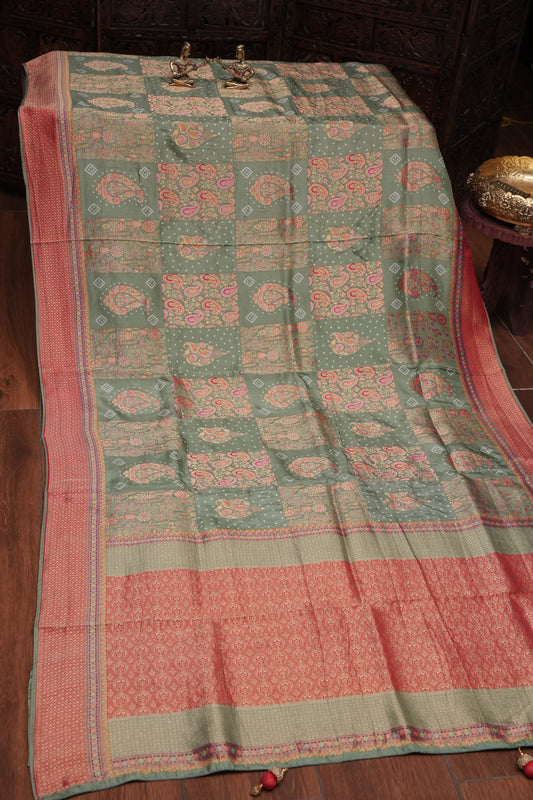 Kashmiri Pashmina Story Telling Saree - Sage Green