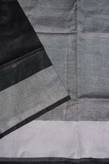 Pure Linen Silk Saree – Classic Black & Silver Dual Tone with Minimalist Border