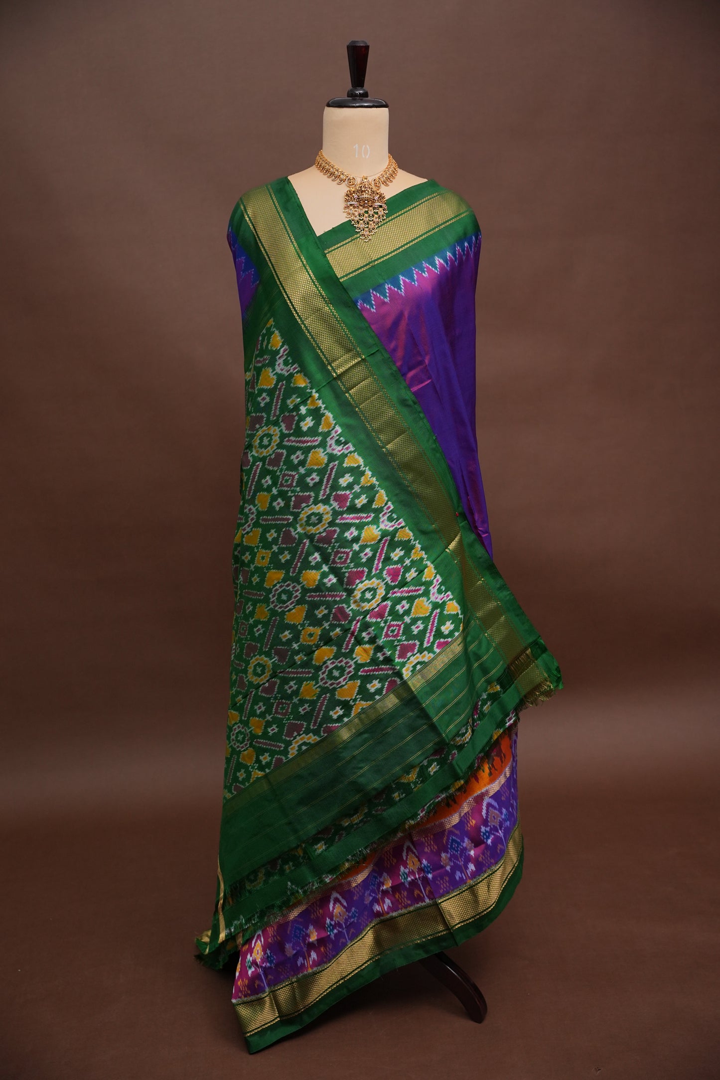 Pure Ikkat Soft Silk Saree - Bottle Green &amp; Deep Purple