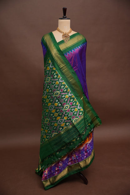 Pure Ikkat Soft Silk Saree - Bottle Green &amp; Deep Purple