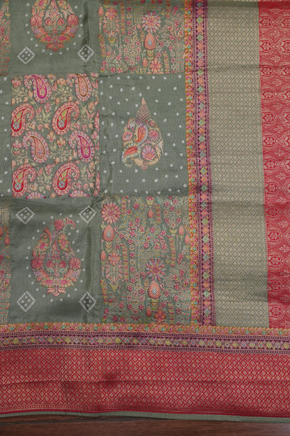 Kashmiri Pashmina Story Telling Saree - Sage Green