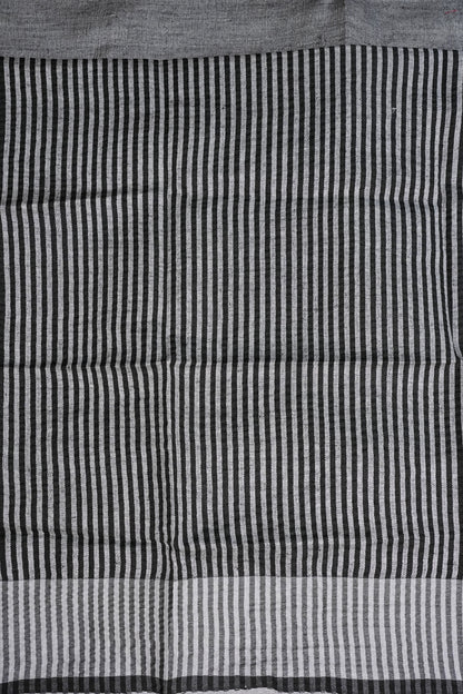 Pure Linen Silk Saree – Classic Black & Silver Dual Tone with Minimalist Border