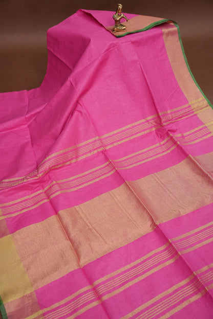 Pure Linen Saree – Vibrant Pink with Gold Zari Checks & Green Accents