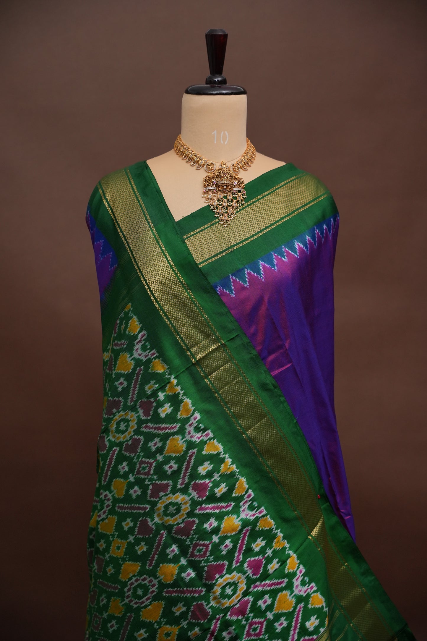 Pure Ikkat Soft Silk Saree - Bottle Green &amp; Deep Purple