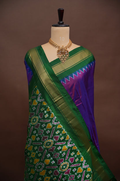 Pure Ikkat Soft Silk Saree - Bottle Green &amp; Deep Purple