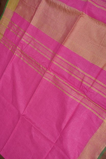 Pure Linen Saree – Vibrant Pink with Gold Zari Checks & Green Accents