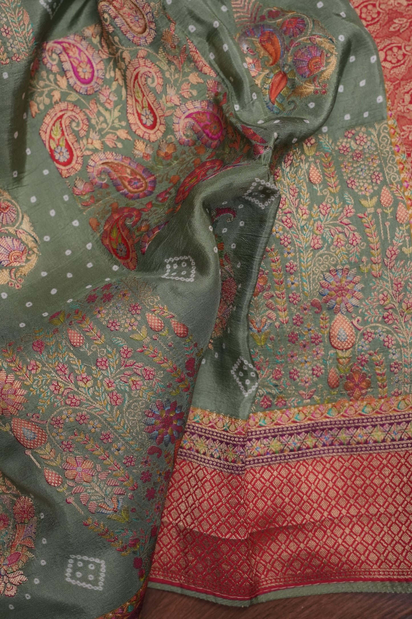 Kashmiri Pashmina Story Telling Saree - Sage Green