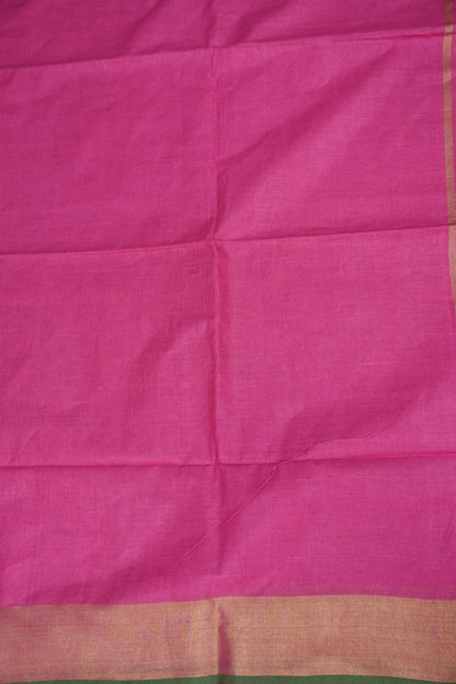 Pure Linen Saree – Vibrant Pink with Gold Zari Checks & Green Accents